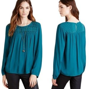 Anthropologie Meadow Rue Teal Smocked Polka Dot Blouse - M